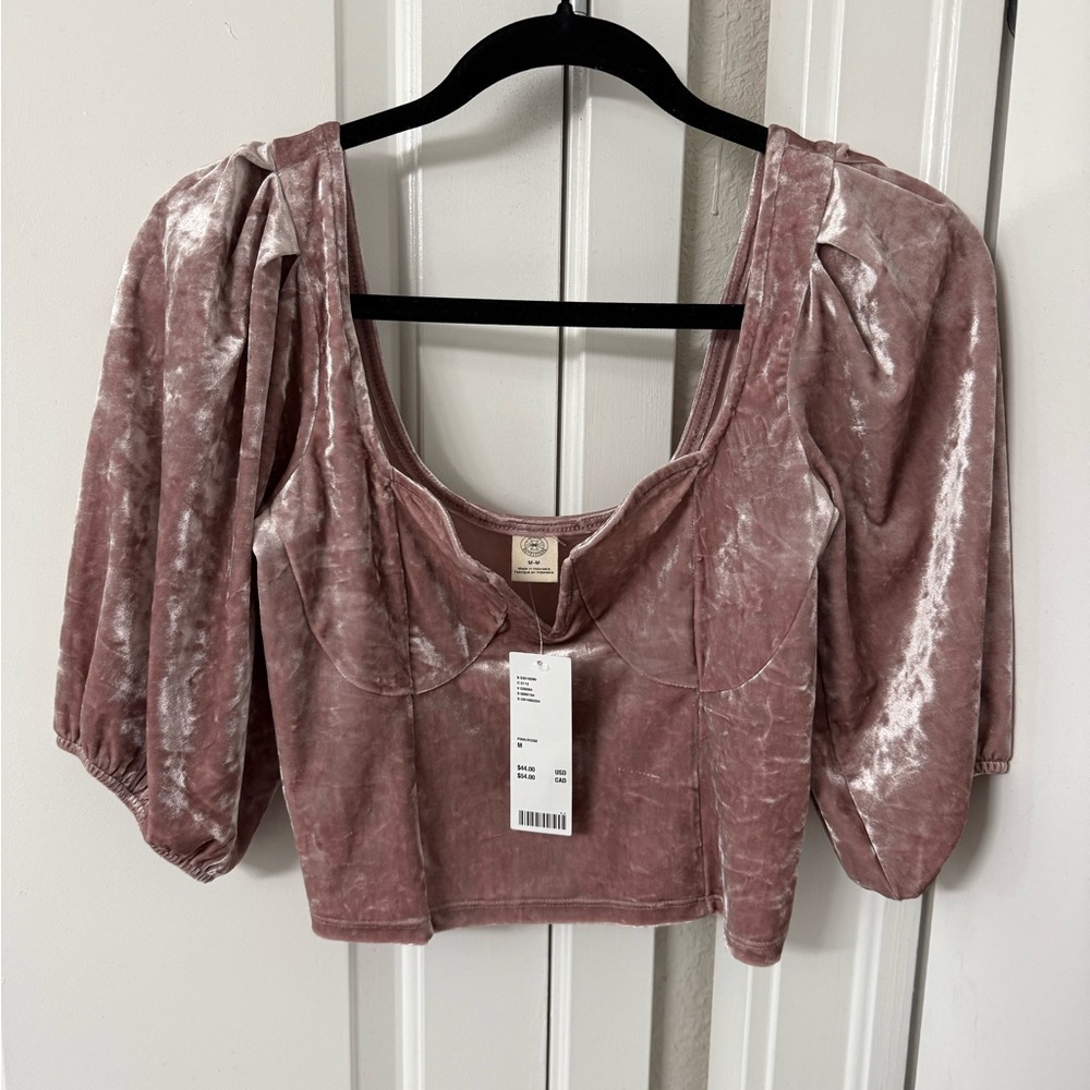 Urban Outfitters Velvet Puff Sleeve Blouse in Mauve